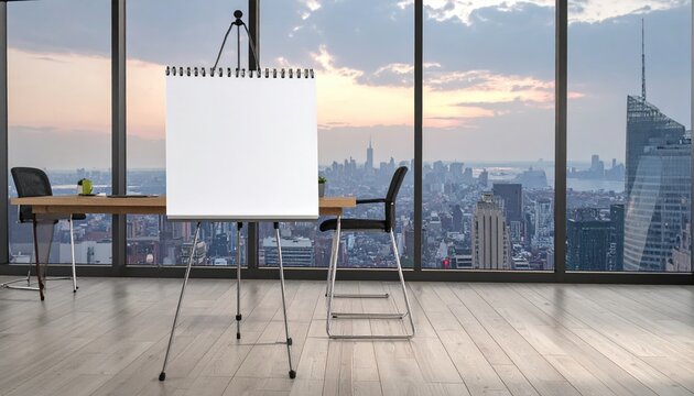 Desktop flip chart on adjustable metal tripod with blank spiral-bound paper for business meetings and brainstorming