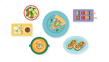 Fototapeta premium Flat lay collection of healthy vegetarian dishes including fresh salad vegetable soup stuffed zucchini and colorful kebabs.