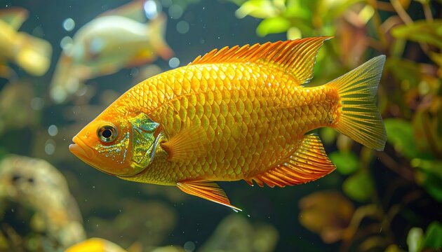 Golden honey gourami fish with intricate scales, realistic freshwater aquarium scene