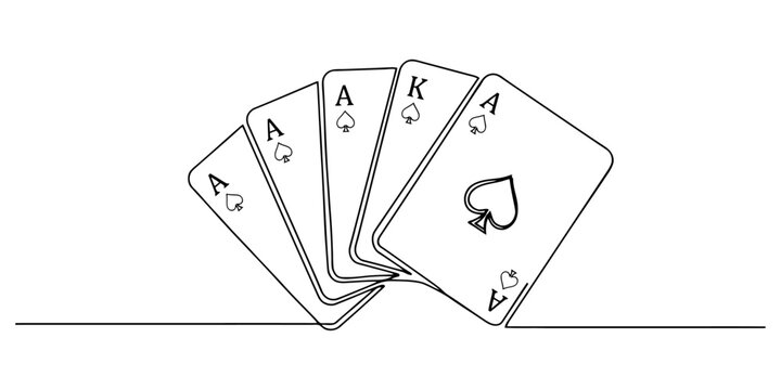 A hand of five playing cards with a royal flush sequence displayed in a simple black and white line art vector illustration style