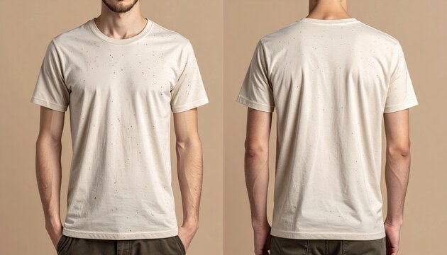 Beige speckled t-shirt with front and back views for casual cotton apparel and fashion retail branding