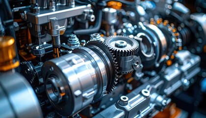 Fototapeta premium Internal combustion engine block with visible gears and mechanical components for automotive engineering