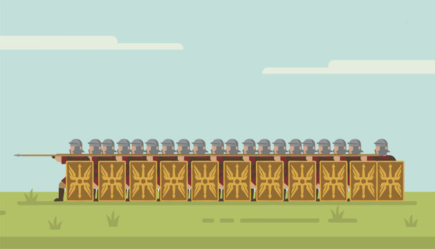 Roman legionaries marching in a phalanx shield wall formation with large scutum shields and long military spears.
