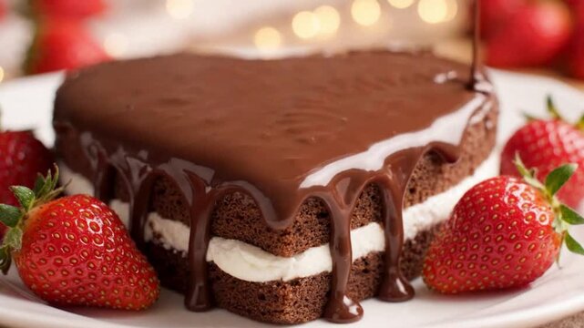 A decadent heart-shaped chocolate cake covered in rich chocolate ganache and adorned with fresh strawberries, perfect for any occasion