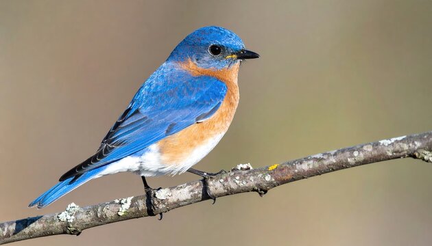 Eastern bluebird perched on a branch showing detailed blue and orange plumage