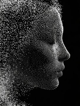 A black and white abstract digital artwork featuring the profile of a human head, rendered as a three dimensional grid of white dots