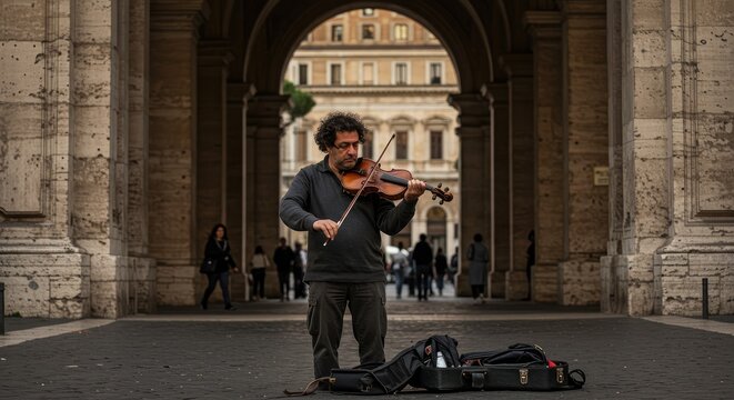 Street musician playing violin in historic European city archway during golden hour