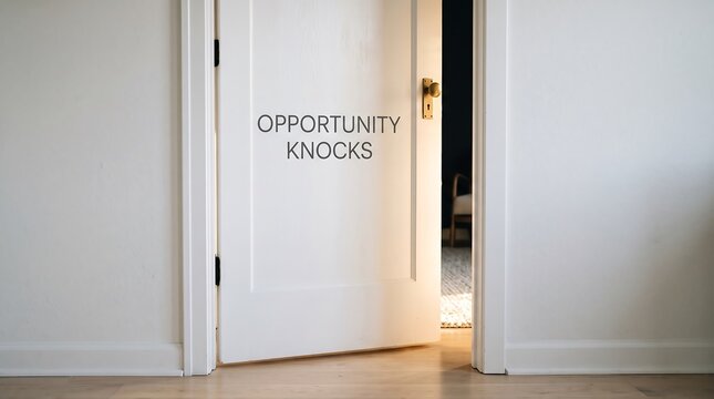 Opportunity knocks sign on a half open wooden door