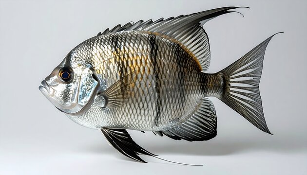 Silver angelfish with distinctive dark stripes shown in side profile