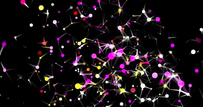 Vibrant glowing node cluster spins with changing acceleration filling dark frame space. Neon colorful dots and connecting lines form a dense dynamic matrix.