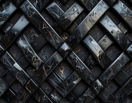 Seamless pattern of interlocking hishitasuki diamond lattice in black nephrite jade texture