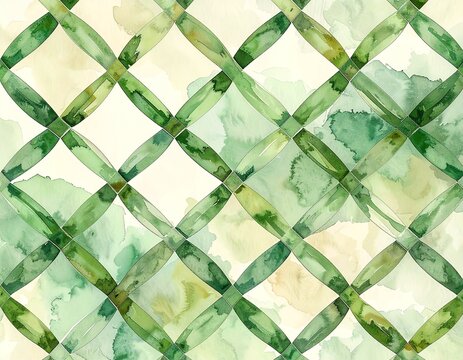 Seamless pattern of interlocking wachigai ring grid with soft watercolor wash in fresh bamboo green