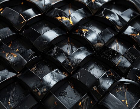 Seamless pattern of interlocking square ring kuginuki grid in black urushi lacquer texture
