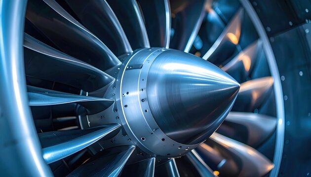 Aircraft jet engine turbine with detailed metallic blades for aerospace engineering and aviation concepts