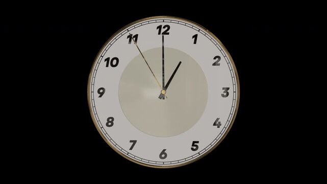 時計の針が0時59分50秒から1時00分10秒まで進む3DCG