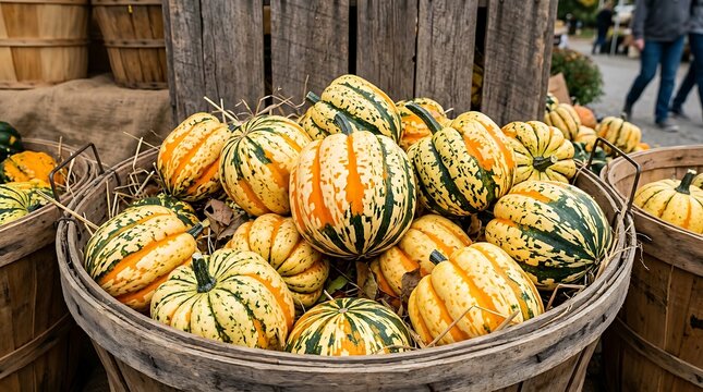 Carnival squash piled inside rustic wooden bushel baskets ready for sale during the autumn harvest season