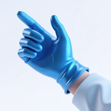 Hand with blue latex glove fingers pointing upwards in a sharp gesture on a plain pale blue soft background.