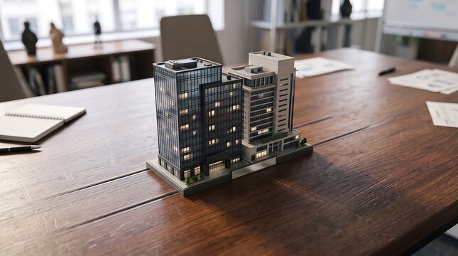 Small scale architectural model of office buildings on table