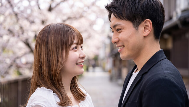 Japanese couple looking at each other outdoors in spring, romantic dating concept