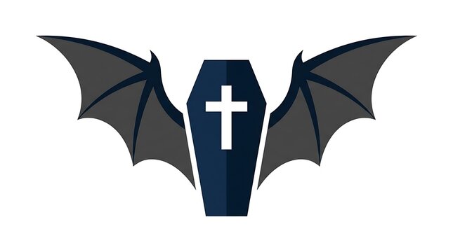 Dark blue coffin featuring a white religious cross symbol with large extended grey bat wings attached