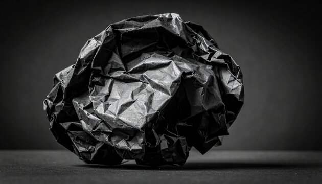 Black crumpled paper ball with rough wrinkled texture for dramatic abstract backgrounds and grunge compositions