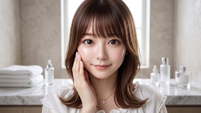 Young asian woman touching her cheek with glowing skin in a bright modern bathroom, beauty skincare portrait