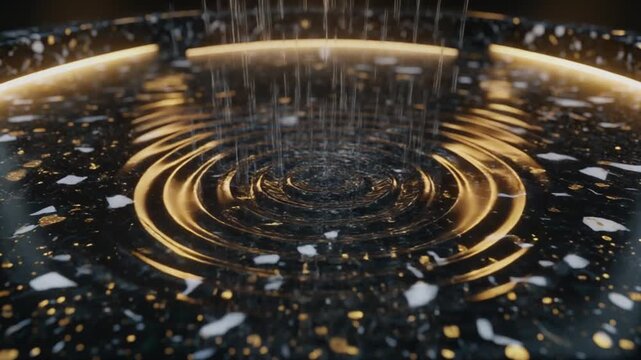 黒い大理石のような床に雨粒が落ちて波紋と黄金の光が広がる幻想的な空間
