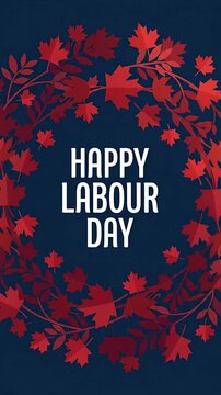 Happy Labour Day text animation with red autumn leaves wreath on dark blue