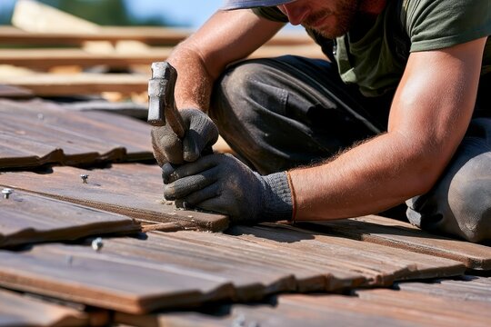 Worker performing roof maintenance on terracotta tiles