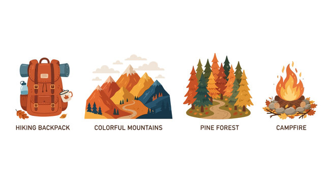 Adventure camping icons set featuring hiking backpack, colorful mountains, pine forest and campfire for nature exploration