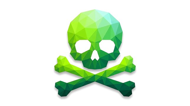 Vibrant green low poly skull and crossbones icon 