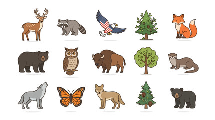 Fototapeta premium Vector icons set of North American wildlife featuring cute forest animals, birds, and trees for design projects