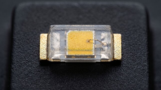 Surface mount led with transparent housing and yellow phosphor on dark textured background.