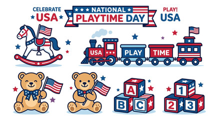 Fototapeta premium Patriotic National Playtime Day vector illustration set featuring vintage toys like rocking horses, trains, teddy bears, and blocks