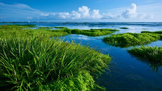 Lush green grasses thrive in shallow blue waters under a bright sky with scattered clouds