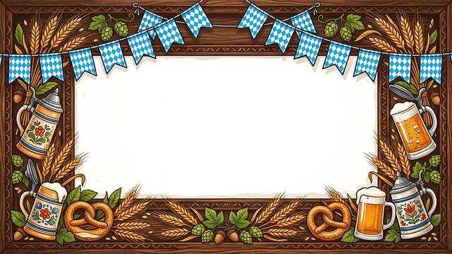 Traditional Bavarian Festival Decorative Border with Beer and Pretzels