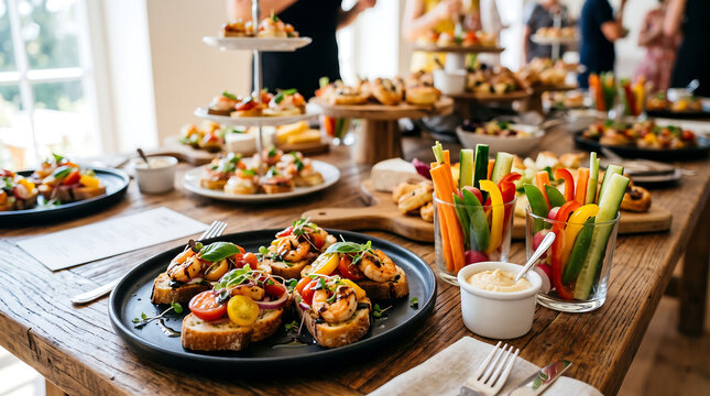 Assorted appetizers and vegetable crudites served on a rustic wooden table at a catered event