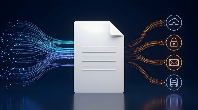 3D illustration of a digital document processing data via fiber optic lines to cloud, security, email, and database icons, symbolizing secure information management and technology workflow.