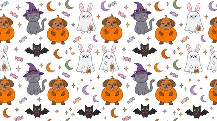 Obraz premium Cute Kawaii Halloween Animals Seamless Pattern Background