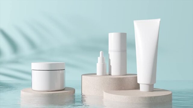 Blank cosmetic mockup set, white cream jar, dropper bottle, plastic tube on beige podiums, water background, palm leaves shadow, luxury skincare packaging video