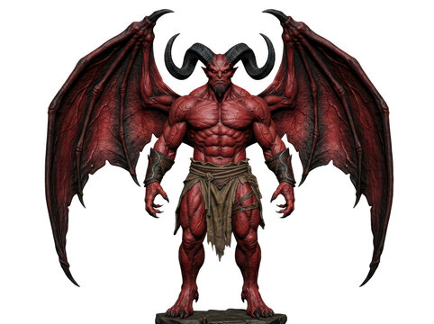 Muscular red demon with large wings and horns isolated on transparent background