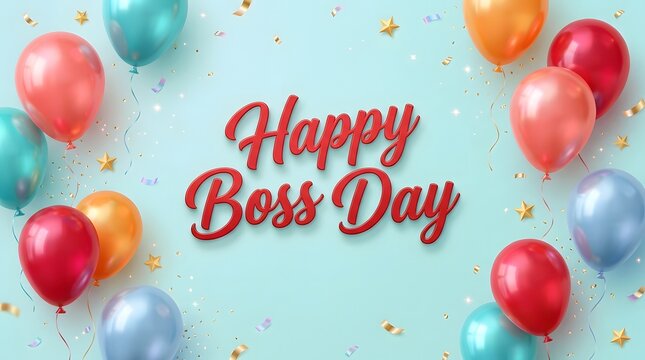 Happy boss day greeting card with colorful balloons and confetti on blue background