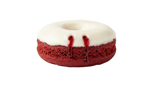 Red velvet donut with white icing and vampire bite marks isolated on transparent background