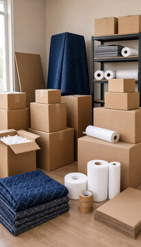 Moving boxes with bubble wrap and protective blankets for relocation cardboard boxes packing materials moving supplies relocation service packing tape moving house home relocation