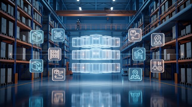 Digital data cubes with floating supply chain management icons in large industrial warehouse for logistics software and inventory tracking technology visualization concept
