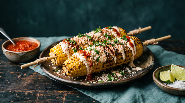 Grilled Mexican elotes on a rustic plate topped with cotija cheese and chili sauce on a dark table