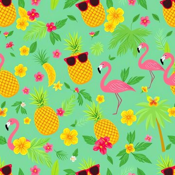 A vibrant tropical pattern featuring cheerful pineapples, sunglasses, and pink flamingos amidst lush greenery and colorful flowers, perfect for summer-themed designs.