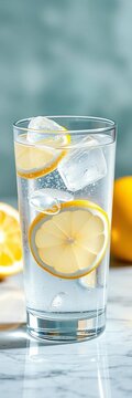 Glass of sparkling water with lemon slice and ice, drink, beverage