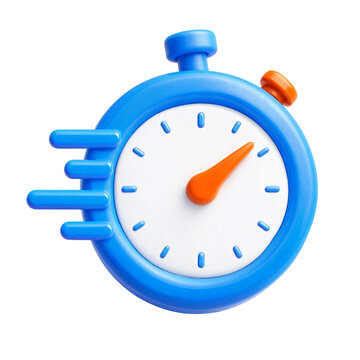 A 3D render of a blue and white stopwatch with motion lines indicating fast time tracking transparent background
