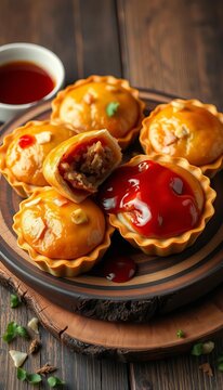 Golden brown tarts filled with sweet and savory duck hoisin sauce sit atop a rustic wooden plate, savory, ||wooden plate
